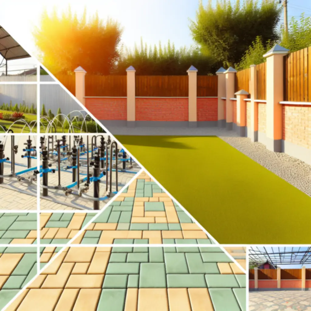 Nowoczesna przestrzeń ogrodowa z kostką brukową i ogrodzeniem.