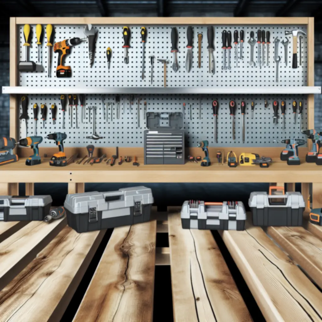 Nowoczesne elektronarzędzia i narzędzia ręczne na tle warsztatu.